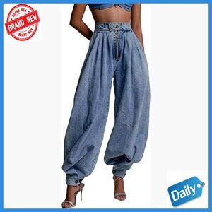 High Waisted Wide Leg Harem Jeans Polyester Denim Casual Vintage Pants